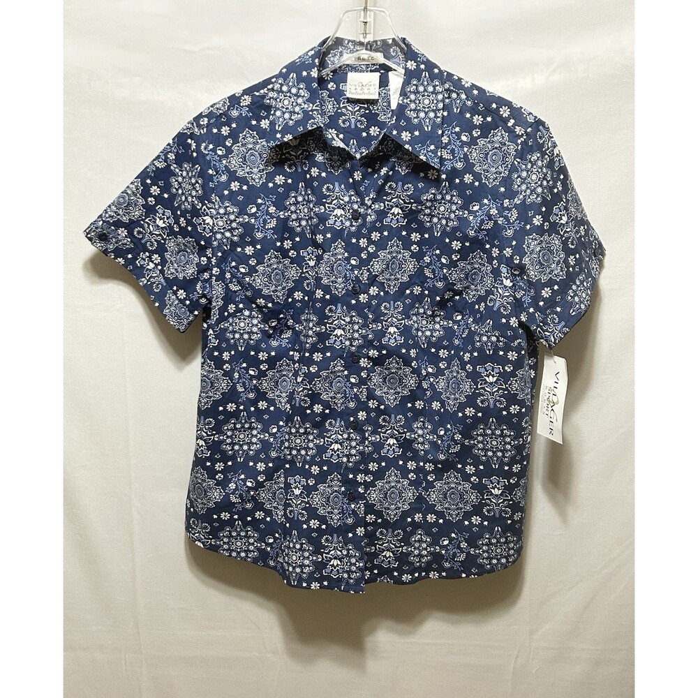 Villager Sport Woman Size 1 Stretch Short Sleeve Blue Floral‎ Top NWT